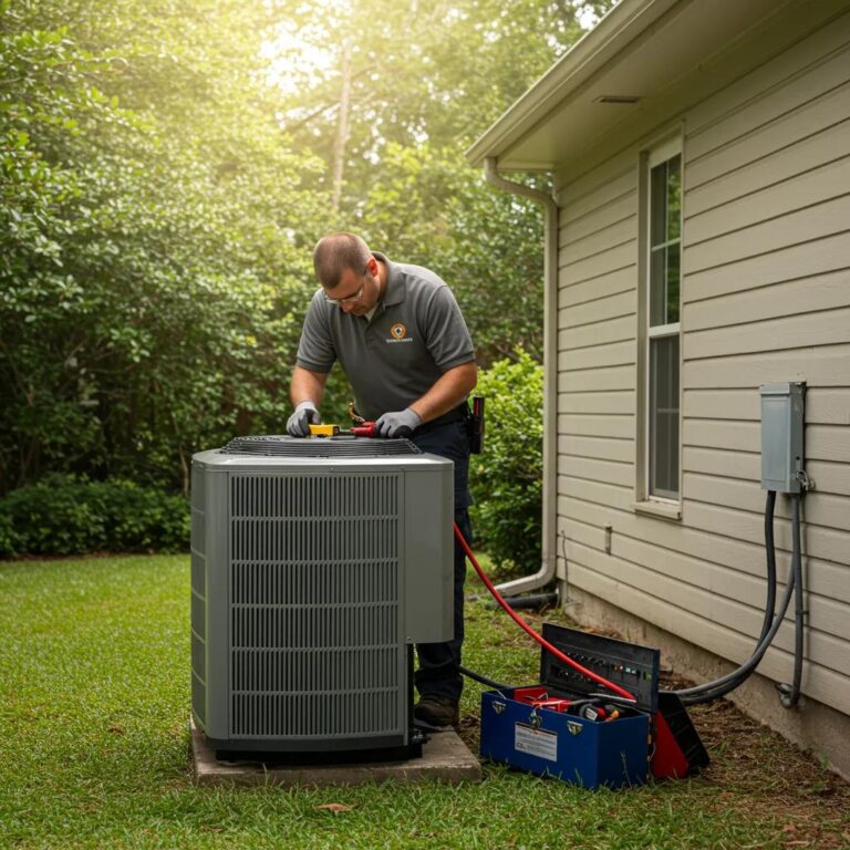 Technician performing HVAC maintenance on an air conditioning unit in East Texas