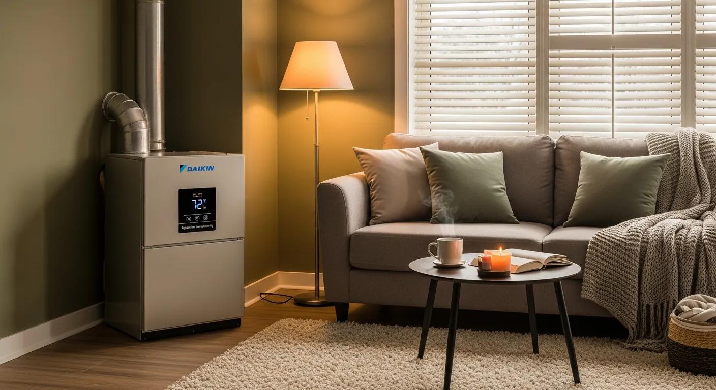 Daikin furnace in a cozy living room &mdash; dependable home heating