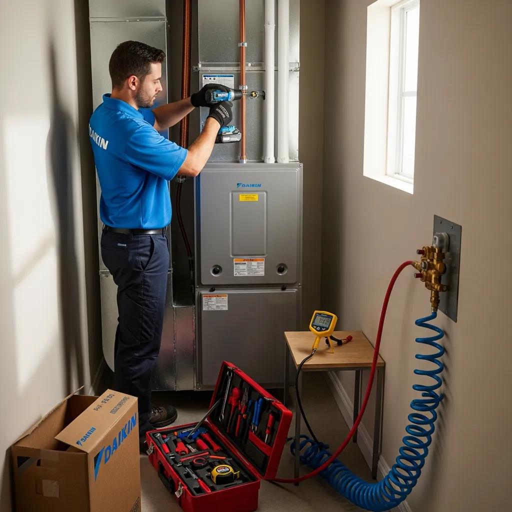 Reliable Home Heating Solutions: Choose Daikin Furnaces 2 Technician installing a Daikin furnace — professional, code-compliant installation