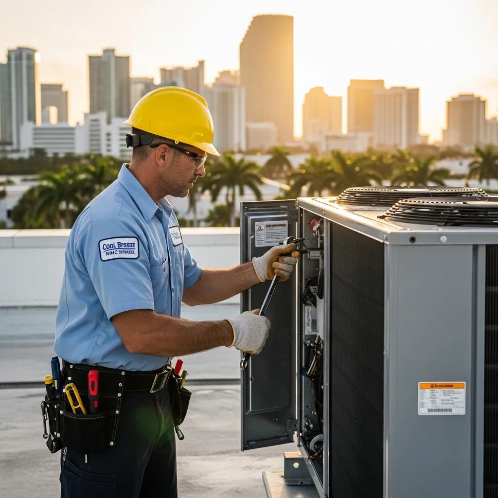 Commercial HVAC technician servicing an air conditioning unit in a Miami office